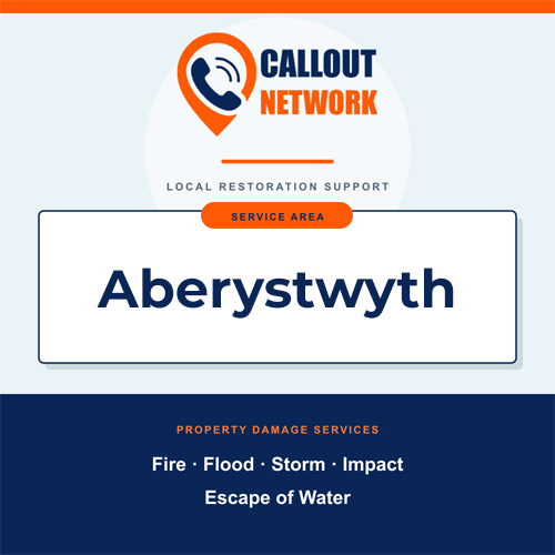 Callout Network Aberystwyth service area graphic for fire, flood, storm, impact and escape of water damage