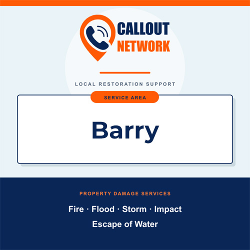 Callout Network Barry service area graphic for fire, flood, storm, impact and escape of water damage