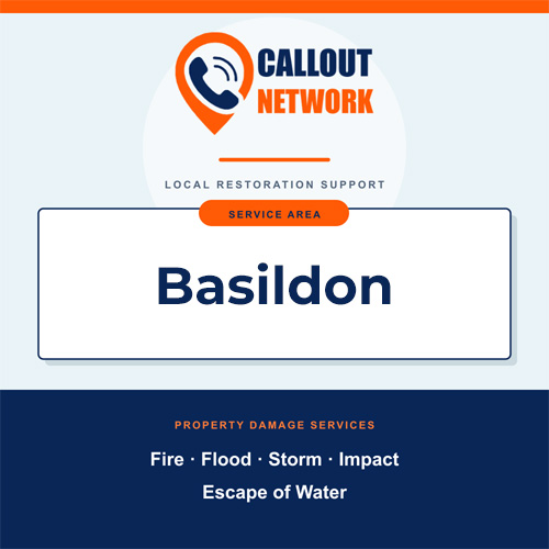 Callout Network Basildon service area graphic for fire, flood, storm, impact and escape of water damage