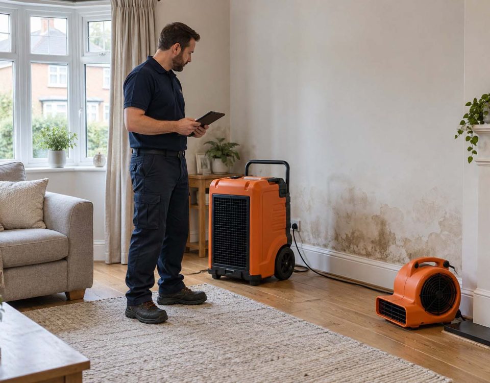 Restoration technician assessing a water-damaged room with a dehumidifier and air mover.