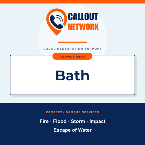 Callout Network Bath service area graphic for fire, flood, storm, impact and escape of water damage