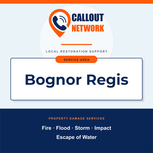 Callout Network Bognor Regis service area graphic for fire, flood, storm, impact and escape of water damage