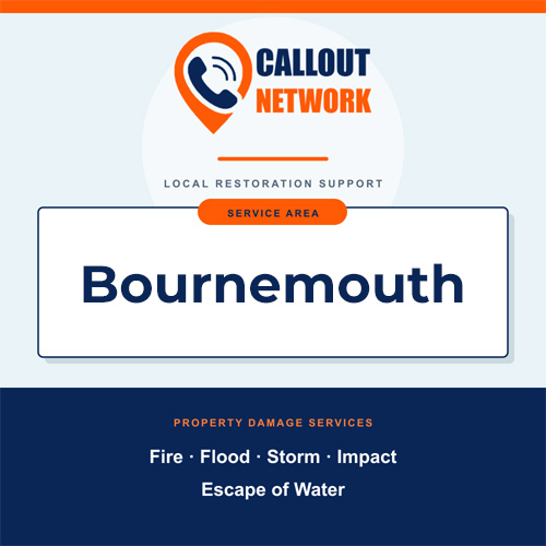 Callout Network Bournemouth service area graphic for fire, flood, storm, impact and escape of water damage