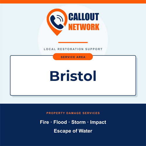 Callout Network Services Bristol service area graphic for fire, flood, storm, impact and escape of water damage