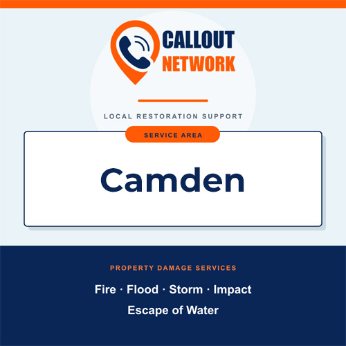 Callout Network Camden service area graphic for fire, flood, storm, impact and escape of water damage
