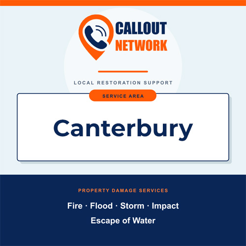 Callout Network Canterbury service area graphic for fire, flood, storm, impact and escape of water damage