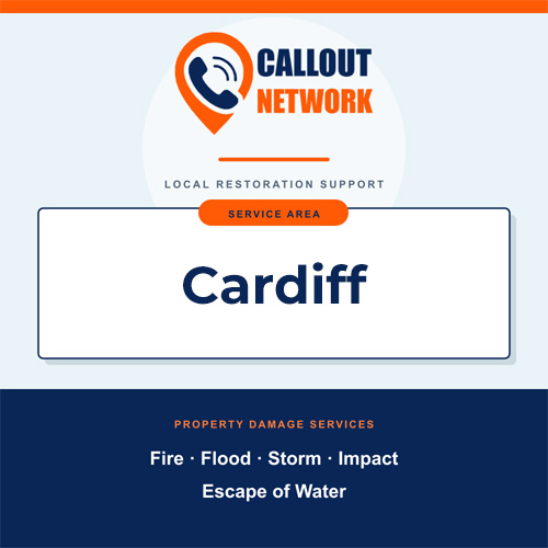 Callout Network Cardiff service area graphic for fire, flood, storm, impact and escape of water damage