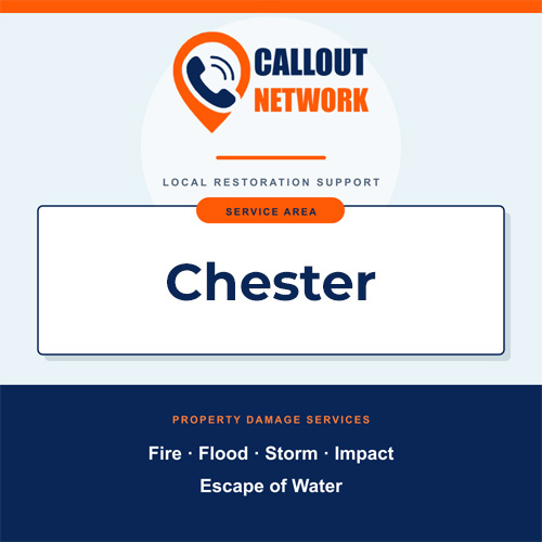 Callout Network Chester service area graphic for fire, flood, storm, impact and escape of water damage