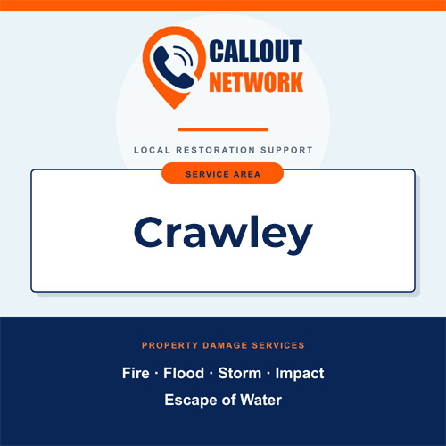 Callout Network Crawley service area graphic for fire, flood, storm, impact and escape of water damage