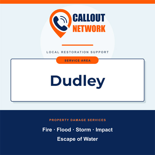 Callout Network Dudley service area graphic for fire, flood, storm, impact and escape of water damage