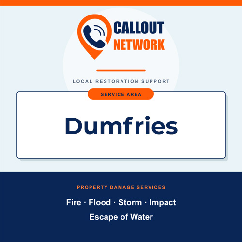 Callout Network Dumfries service area graphic for fire, flood, storm, impact and escape of water damage