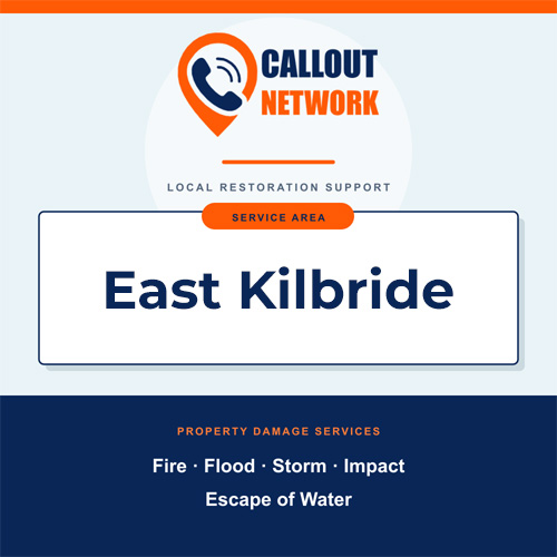 Callout Network East Kilbride service area graphic for fire, flood, storm, impact and escape of water damage