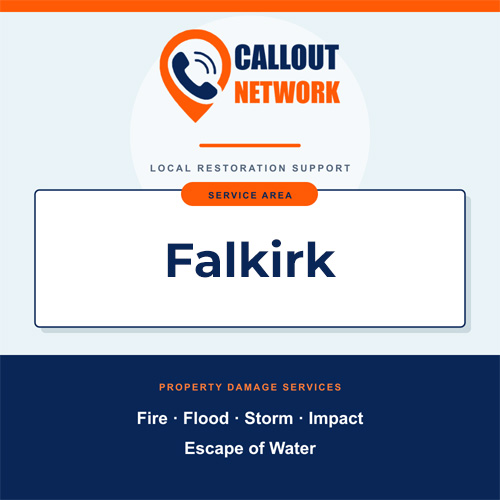Callout Network Falkirk service area graphic for fire, flood, storm, impact and escape of water damage