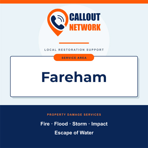 Callout Network Fareham service area graphic for fire, flood, storm, impact and escape of water damage