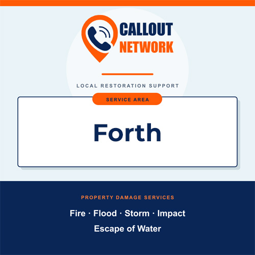 Callout Network Forth service area graphic for fire, flood, storm, impact and escape of water damage