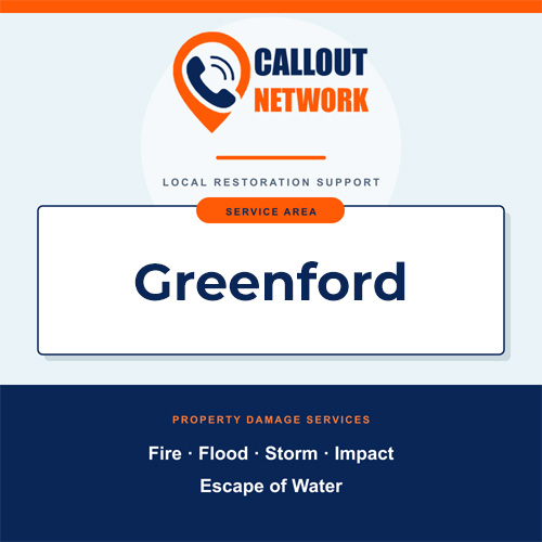 Callout Network Greenford service area graphic for fire, flood, storm, impact and escape of water damage