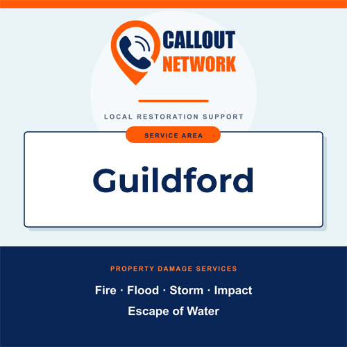Callout Network Guildford service area graphic for fire, flood, storm, impact and escape of water damage