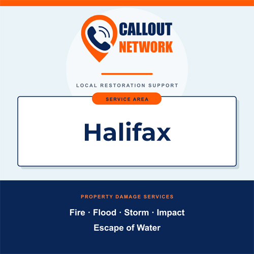 Callout Network Halifax service area graphic for fire, flood, storm, impact and escape of water damage