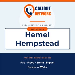 Callout Network are your trusted insurance approved building contractors for Hemel Hempstead. We specialise in fire, flood, impact, escape of water, and storm damage restoration.