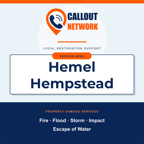 Callout Network Hemel Hempstead service area graphic for fire, flood, storm, impact and escape of water damage
