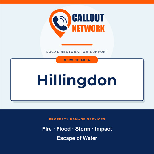 Callout Network Hillingdon service area graphic for fire, flood, storm, impact and escape of water damage