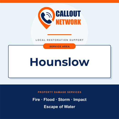 Callout Network Hounslow service area graphic for fire, flood, storm, impact and escape of water damage