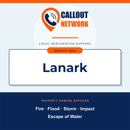 Callout Network Lanark service area graphic for fire, flood, storm, impact and escape of water damage