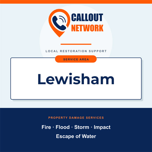 Callout Network Lewisham service area graphic for fire, flood, storm, impact and escape of water damage