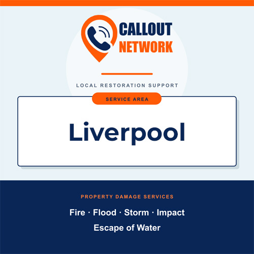 Callout Network Liverpool service area graphic for fire, flood, storm, impact and escape of water damage