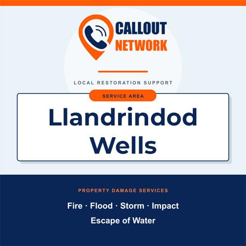 Callout Network Llandrindod Wells service area graphic for fire, flood, storm, impact and escape of water damage