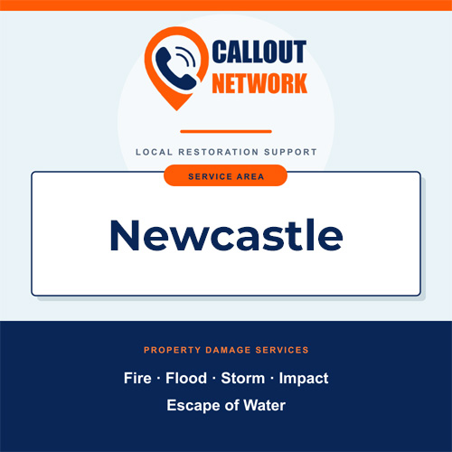 Callout Network Newcastle service area graphic for fire, flood, storm, impact and escape of water damage