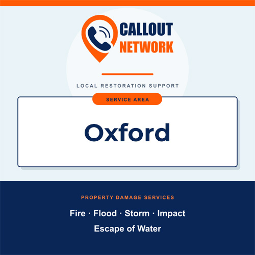 Callout Network Oxford service area graphic for fire, flood, storm, impact and escape of water damage