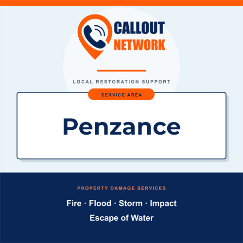 Callout Network Penzance service area graphic for fire, flood, storm, impact and escape of water damage