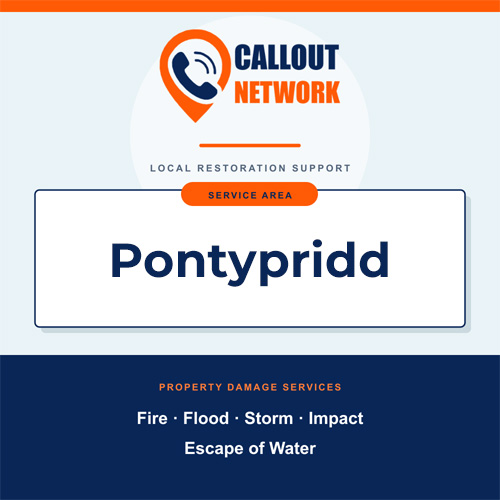Callout Network Pontypridd service area graphic for fire, flood, storm, impact and escape of water damage