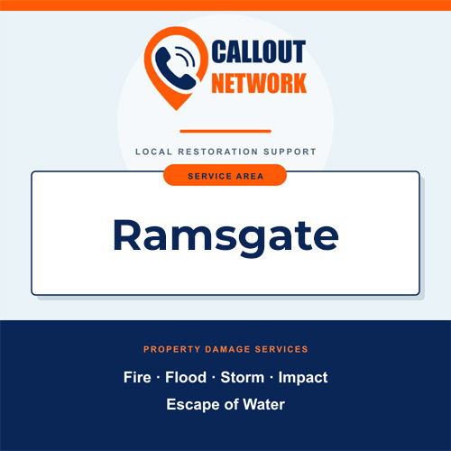 Callout Network Ramsgate service area graphic for fire, flood, storm, impact and escape of water damage