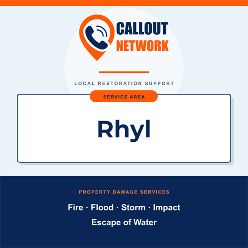 Callout Network Rhyl service area graphic for fire, flood, storm, impact and escape of water damage