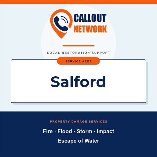 Callout Network Salford service area graphic for fire, flood, storm, impact and escape of water damage