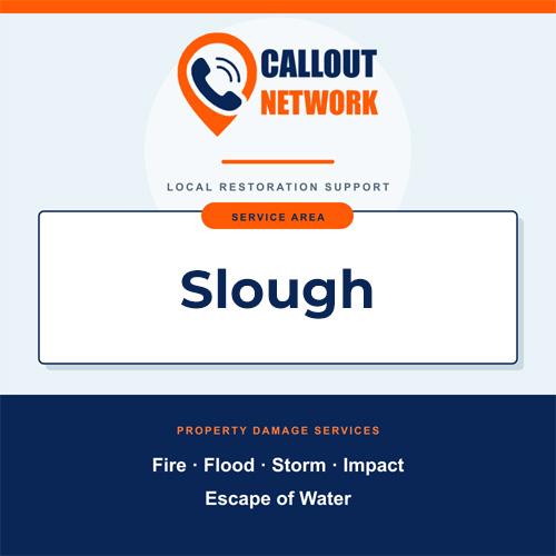Callout Network Slough service area graphic for fire, flood, storm, impact and escape of water damage