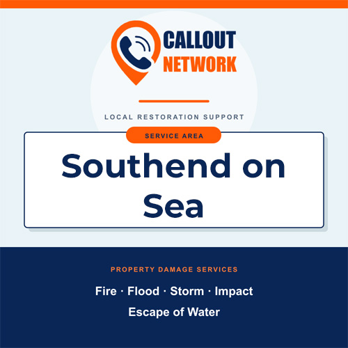 Callout Network Southend On Sea service area graphic for fire, flood, storm, impact and escape of water damage