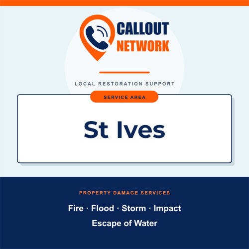 Callout Network St Ives service area graphic for fire, flood, storm, impact and escape of water damage