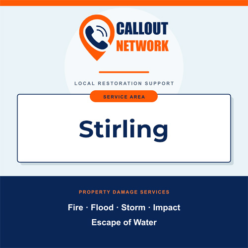 Callout Network Stirling service area graphic for fire, flood, storm, impact and escape of water damage