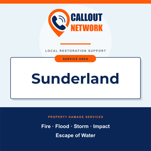 Callout Network Sunderland service area graphic for fire, flood, storm, impact and escape of water damage