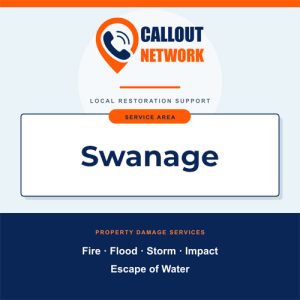 Callout Network Swanage graphic listing fire, flood, storm, impact and escape of water restoration