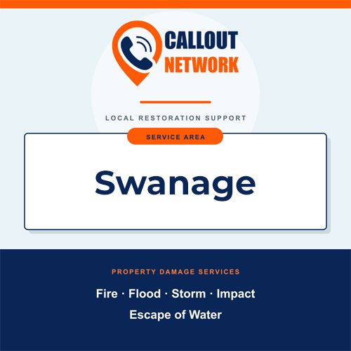Callout Network Swanage service area graphic for fire, flood, storm, impact and escape of water damage