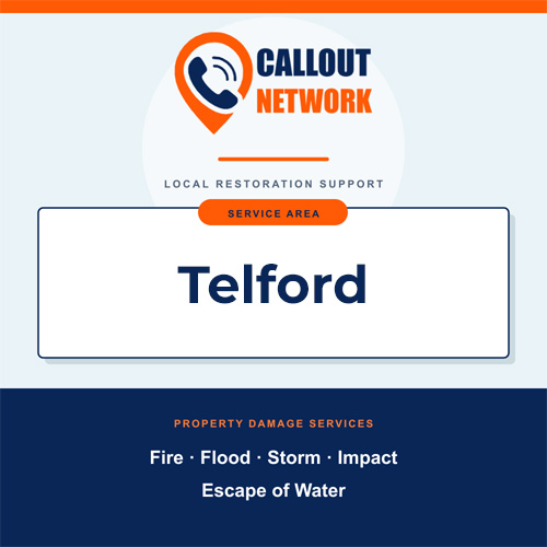 Callout Network Telford service area graphic for fire, flood, storm, impact and escape of water damage