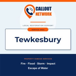 Callout Network Tewkesbury graphic listing fire, flood, storm, impact and escape of water restoration