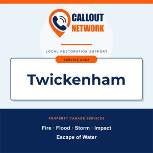 Callout Network Twickenham graphic listing fire, flood, storm, impact and escape of water restoration
