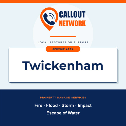 Callout Network Twickenham service area graphic for fire, flood, storm, impact and escape of water damage