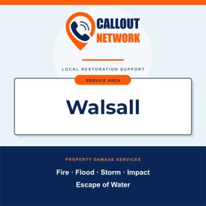 Callout Network Walsall graphic listing fire, flood, storm, impact and escape of water restoration