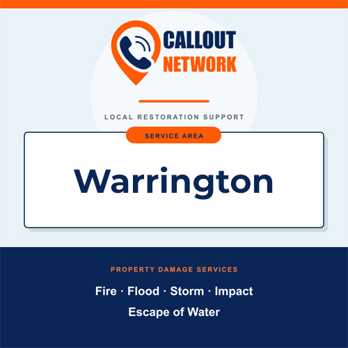 Callout Network Warrington service area graphic for fire, flood, storm, impact and escape of water damage